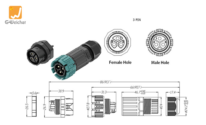 EW-M23MP-3P Panel Mount Power Connector